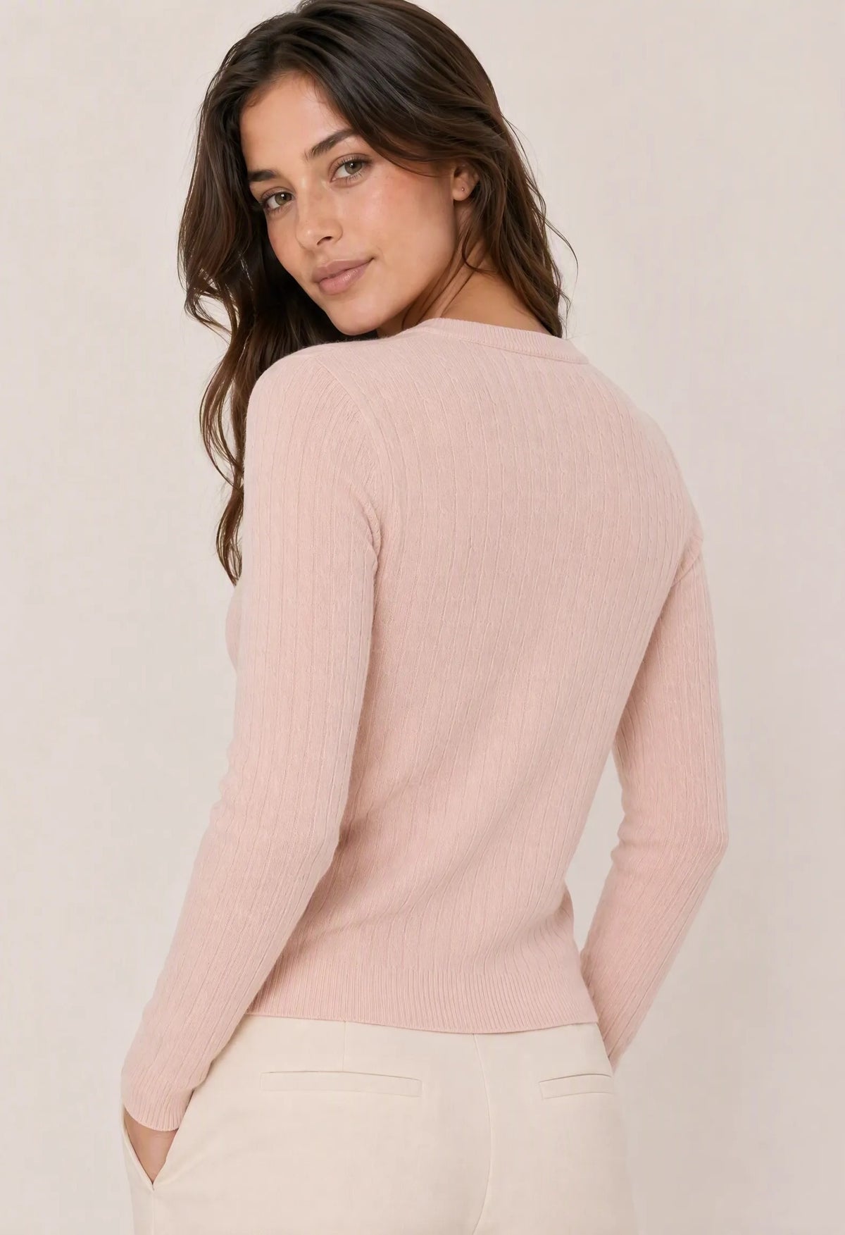Cardigan girocollo lavorazione a trecce|Colore:Rosa polvere