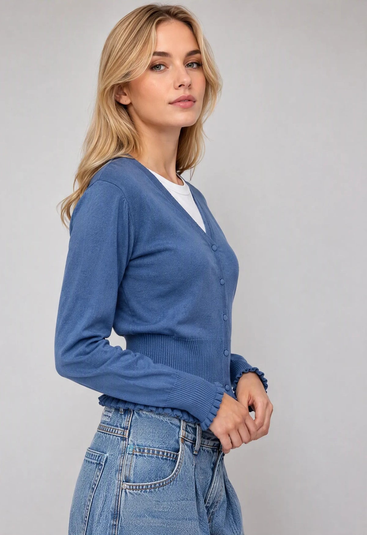 Cardigan con orlo arricciato|Colore:Denim
