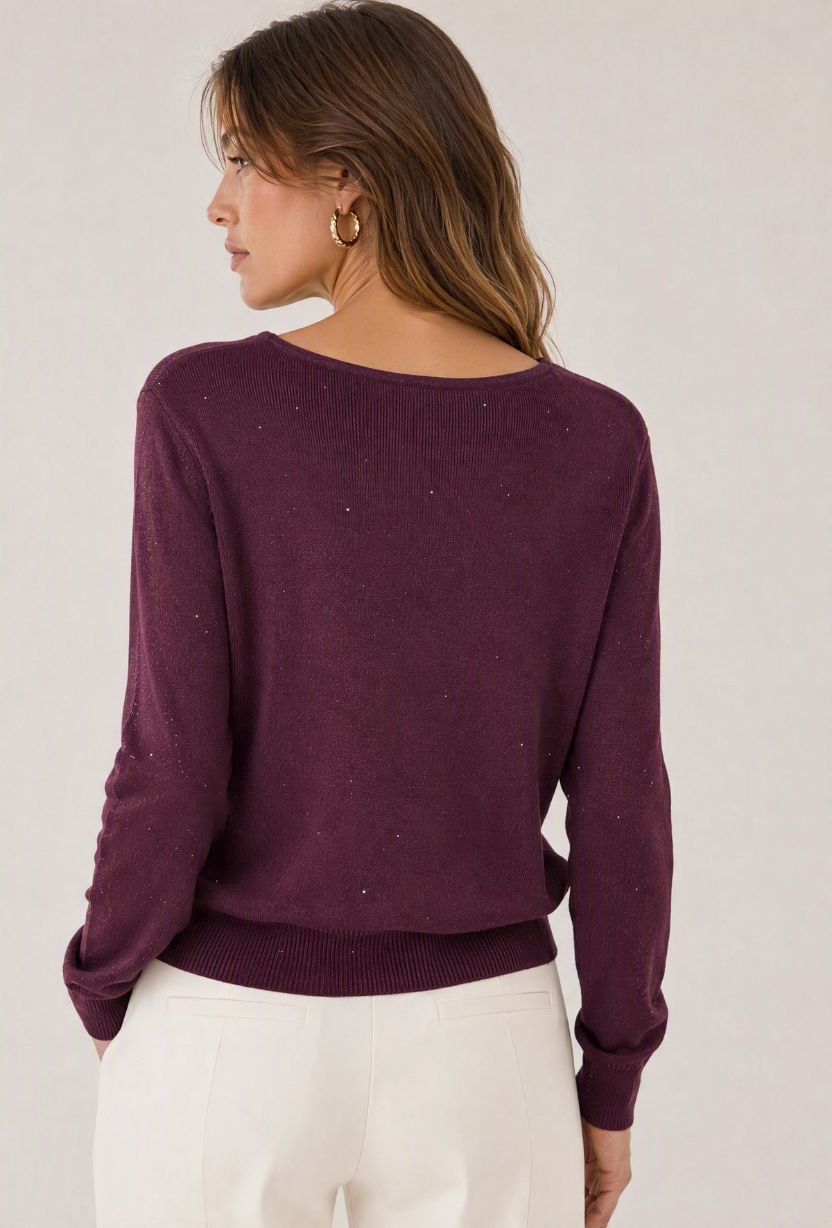 Maglia scollo a barchetta con micro paillettes |Colore:Burgundy