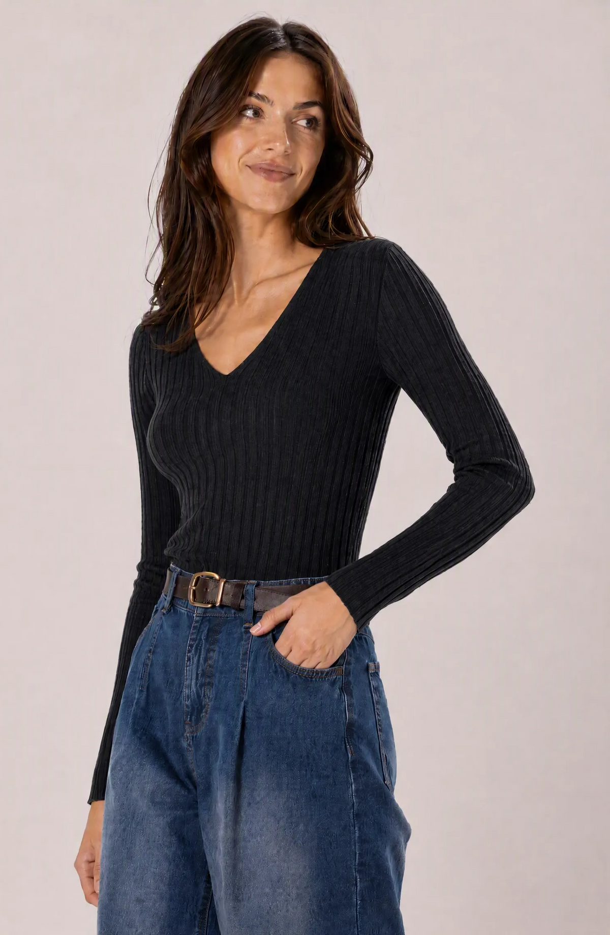 Maglia scollo a V a costine|Colore:Antracite
