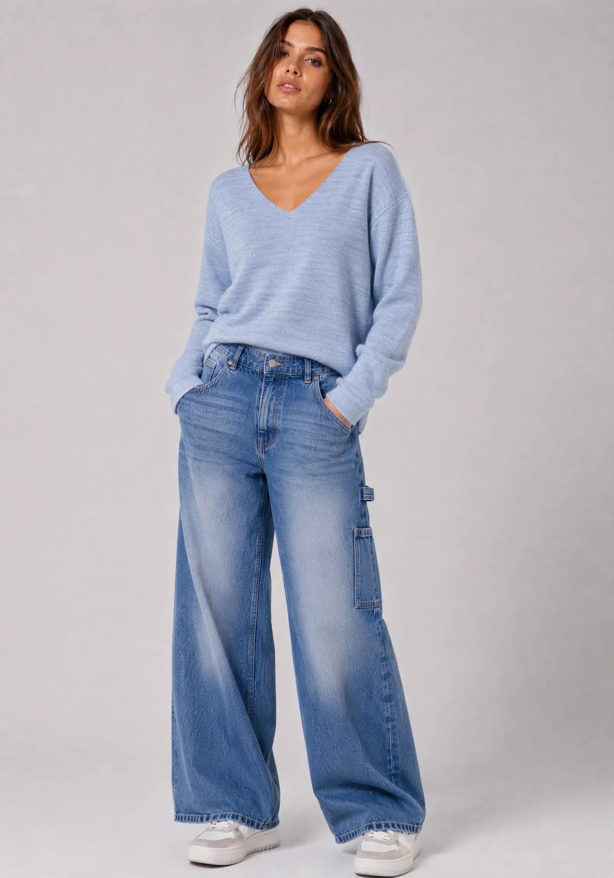 Maglia scollo a V con micro-paillettes|Colore:Denim