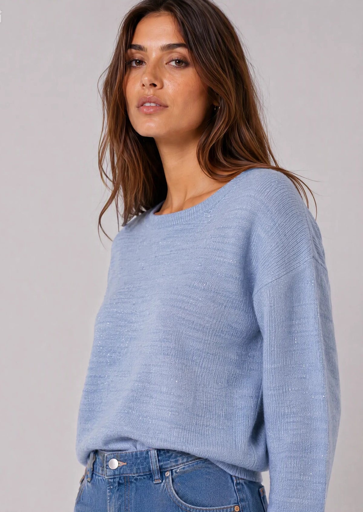 Maglia girocollo con micro-pailettes|Colore:Denim
