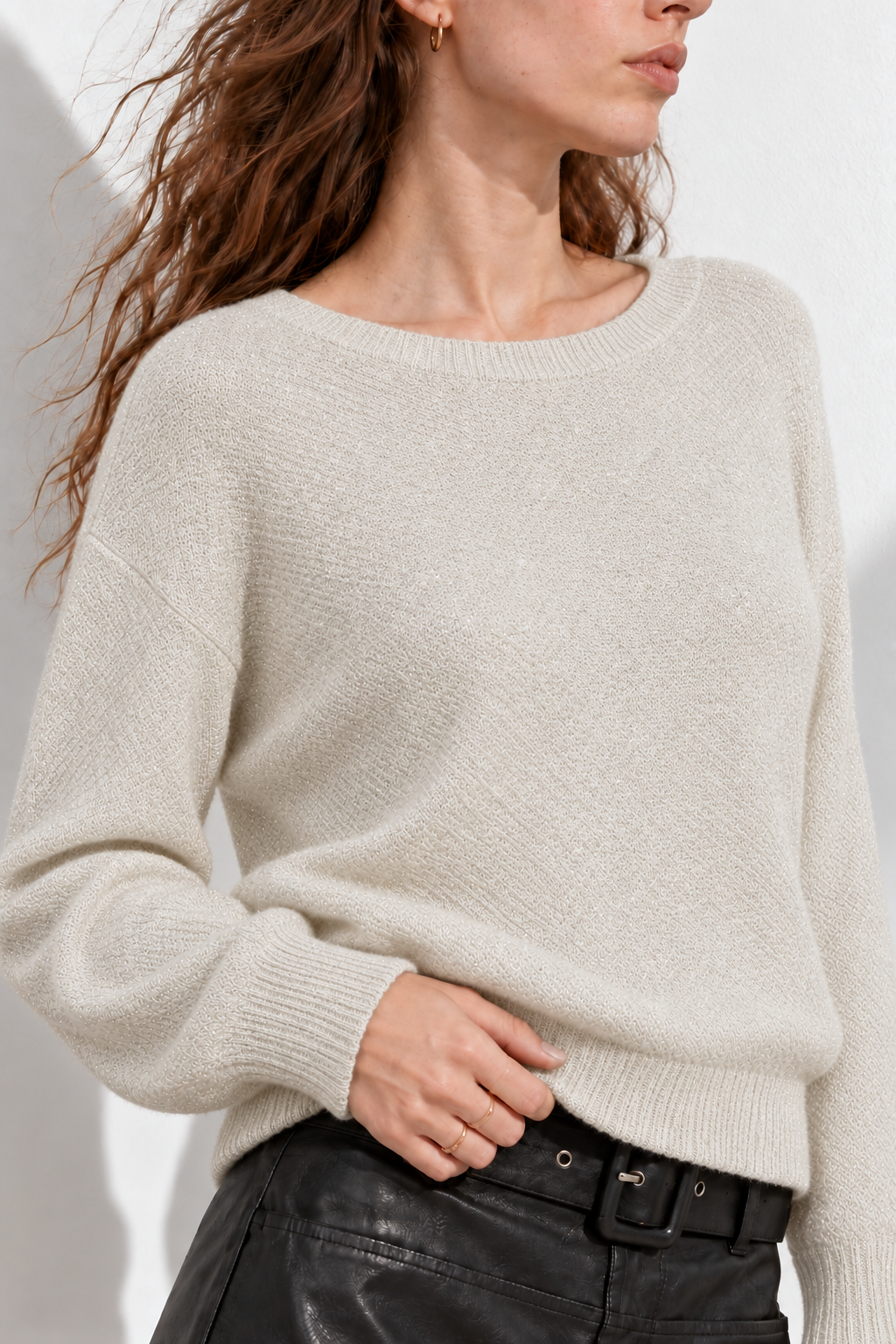 Maglia con  scollo a  barca confilato lurex|Colore:Panna