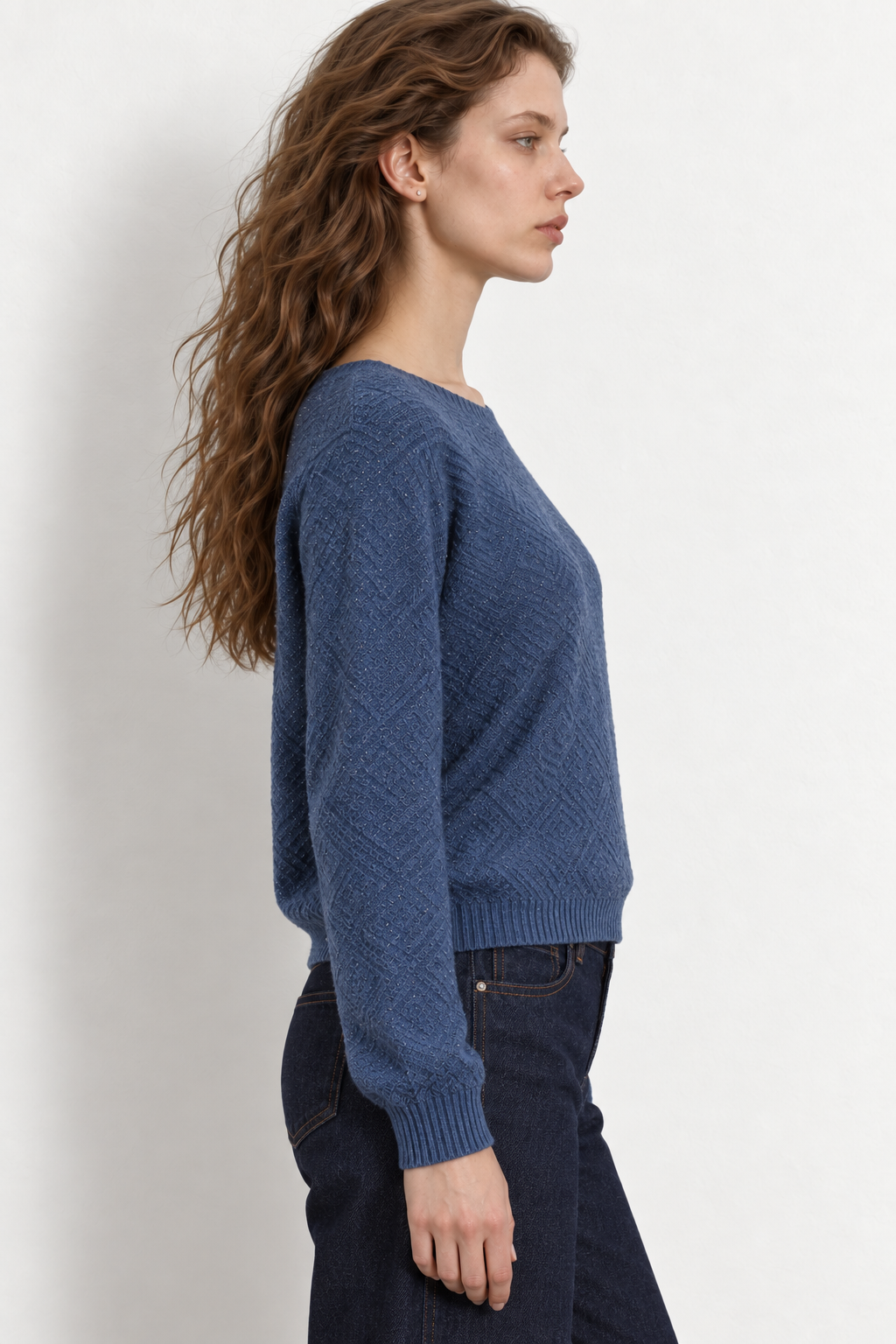 Maglia con  scollo a  barca confilato lurex|Colore:Jeans