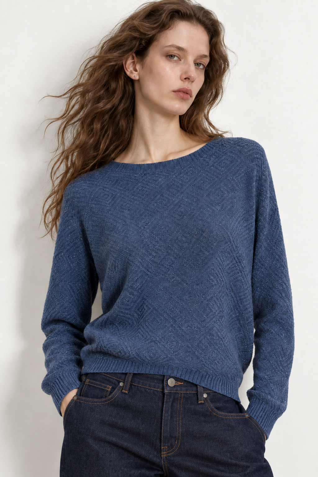 Maglia con  scollo a  barca confilato lurex|Colore:Jeans