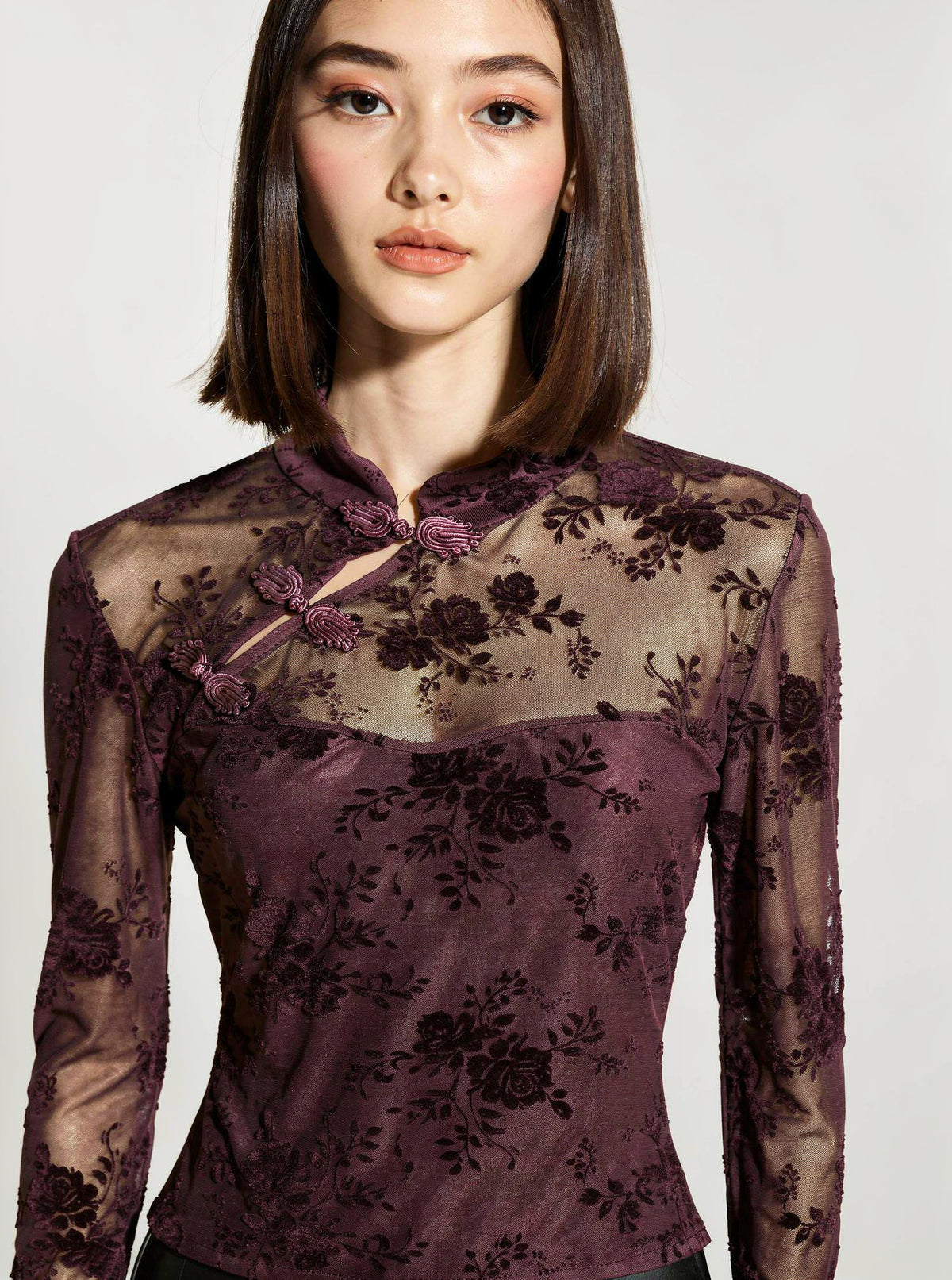 Top con colletto alla coreana|Colore:Prugna