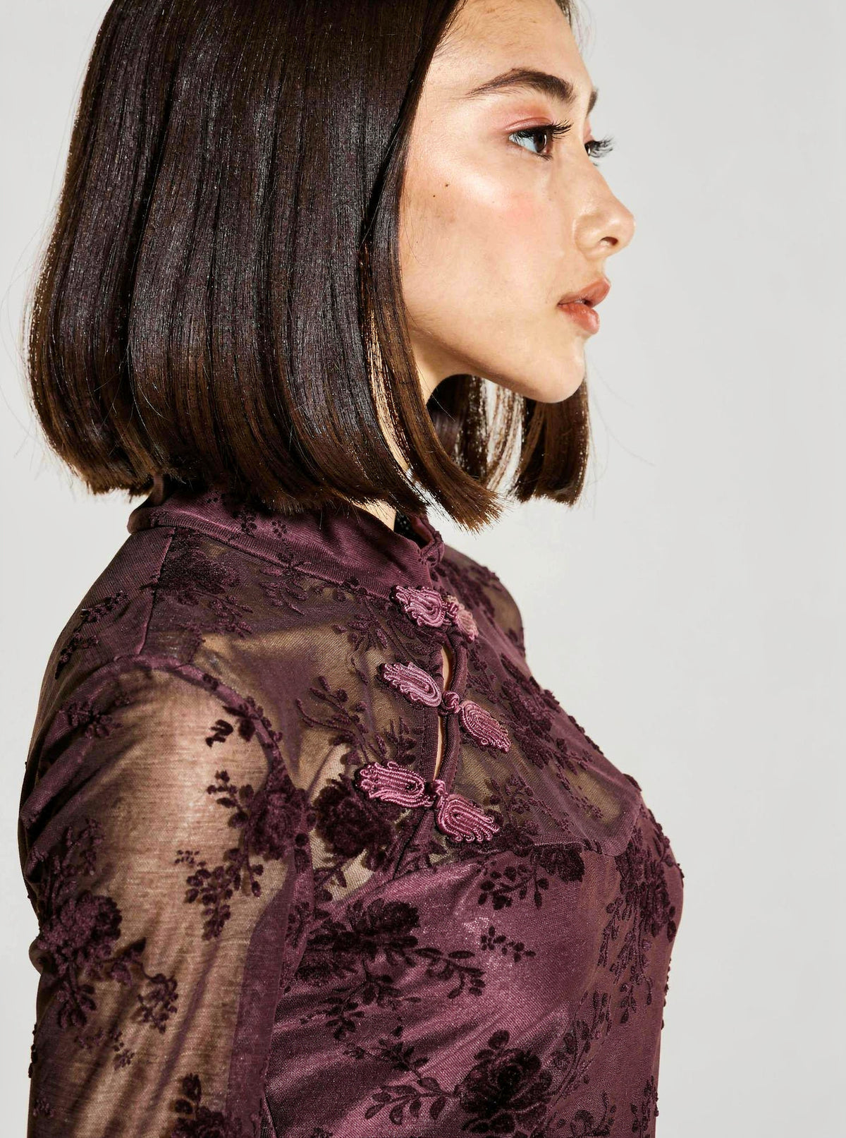 Top con colletto alla coreana|Colore:Prugna
