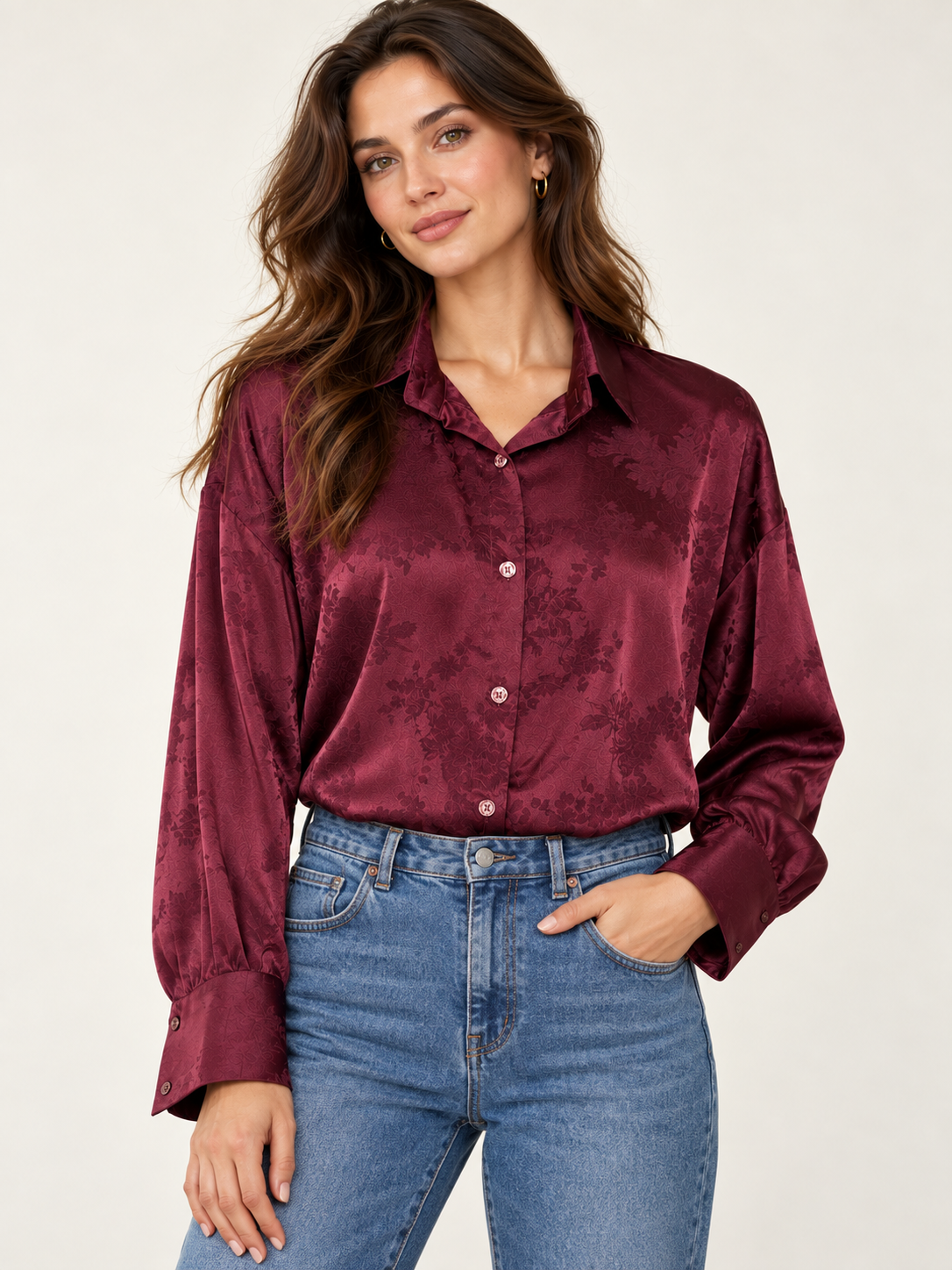 Camicia satinata effetto damascayo|Colore:Prugna