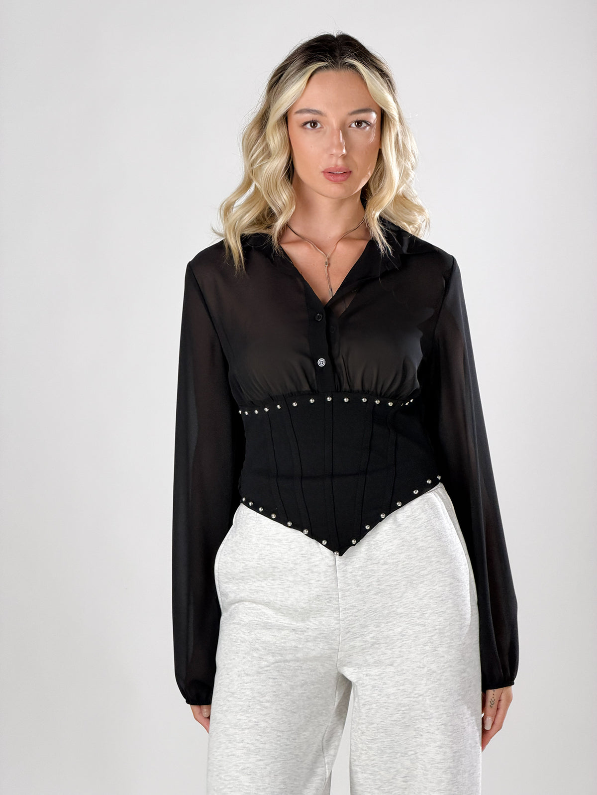 Camicia stile bustier con borchie|Colore:Nero