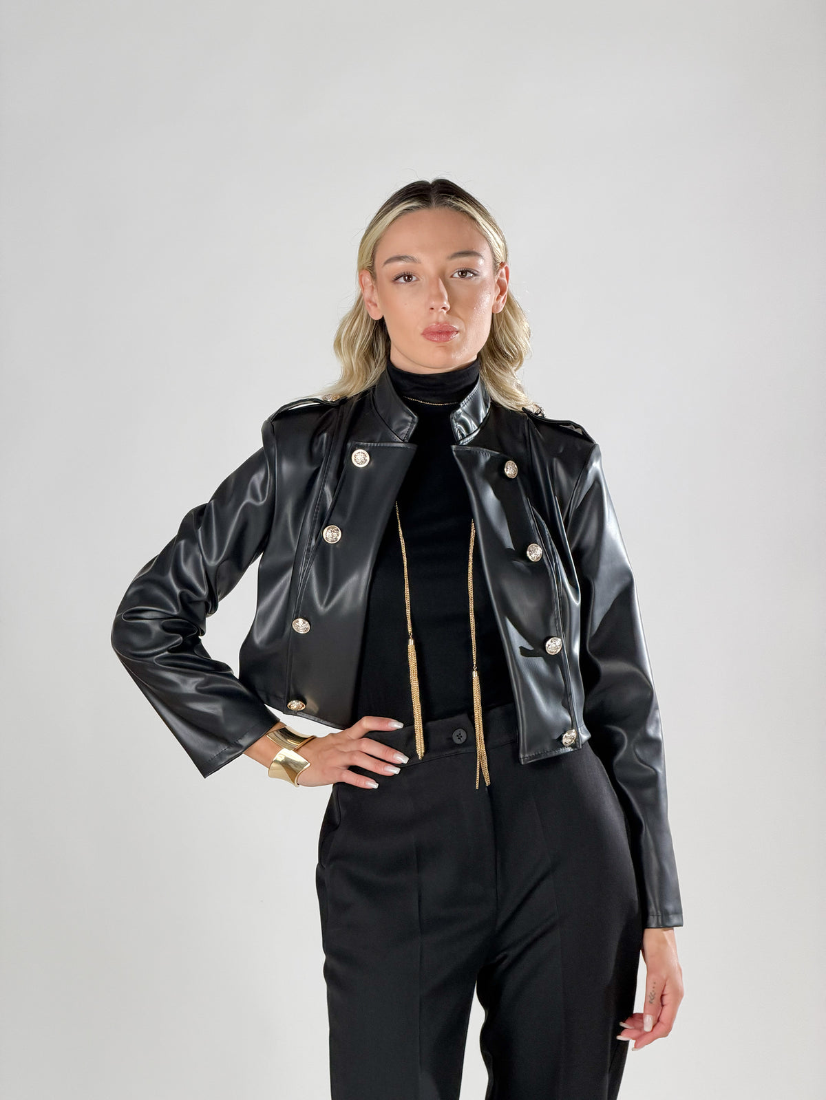 Giubbino  effetto pelle stile militare|Colore:Nero