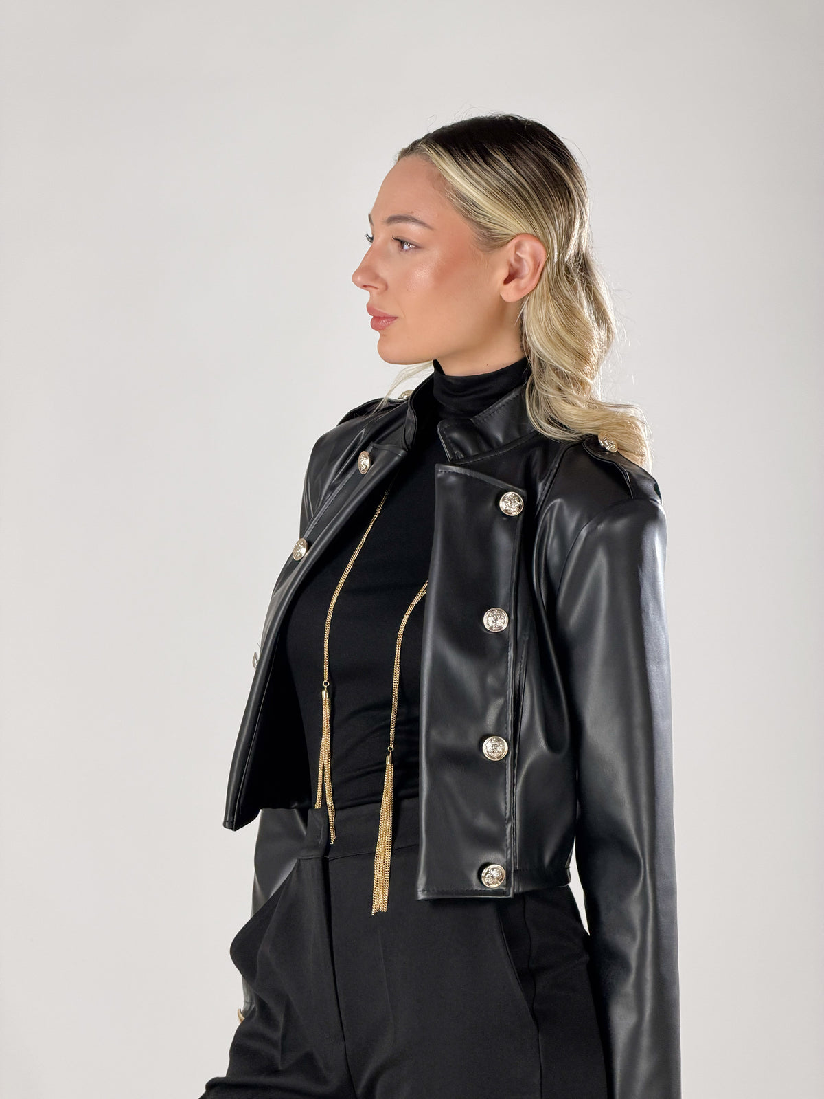 Giubbino  effetto pelle stile militare|Colore:Nero
