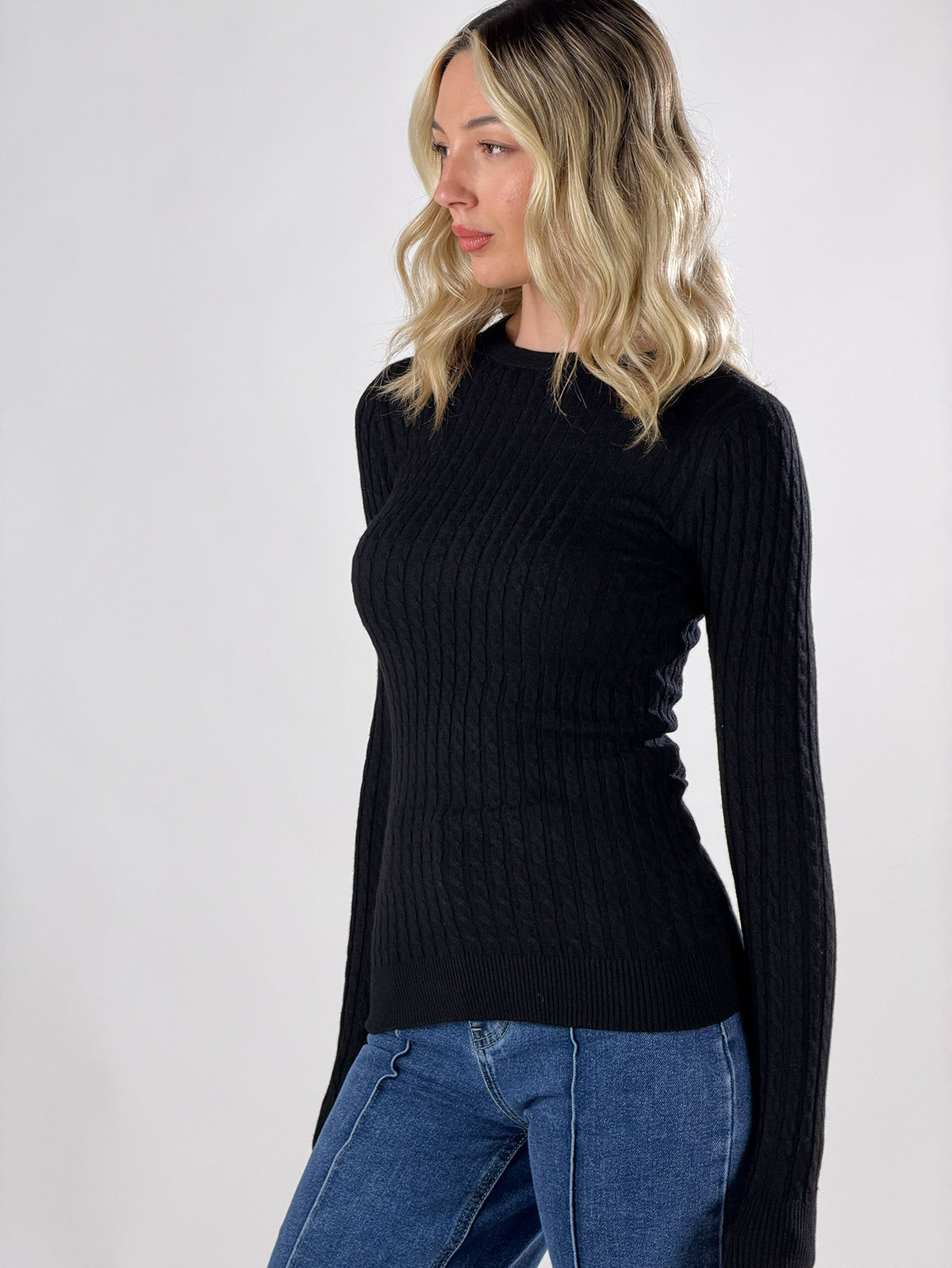 Maglia girocollo con lavorazione a trecce|Colore:Nero