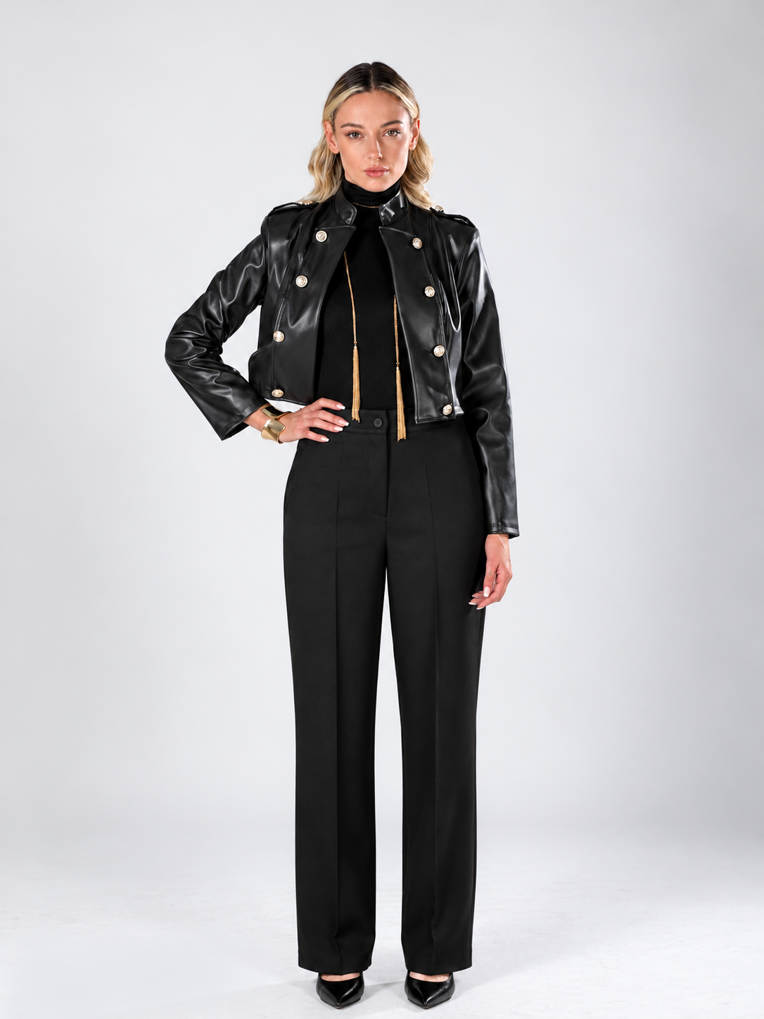 Pantaloni vita alta |Colore:Nero