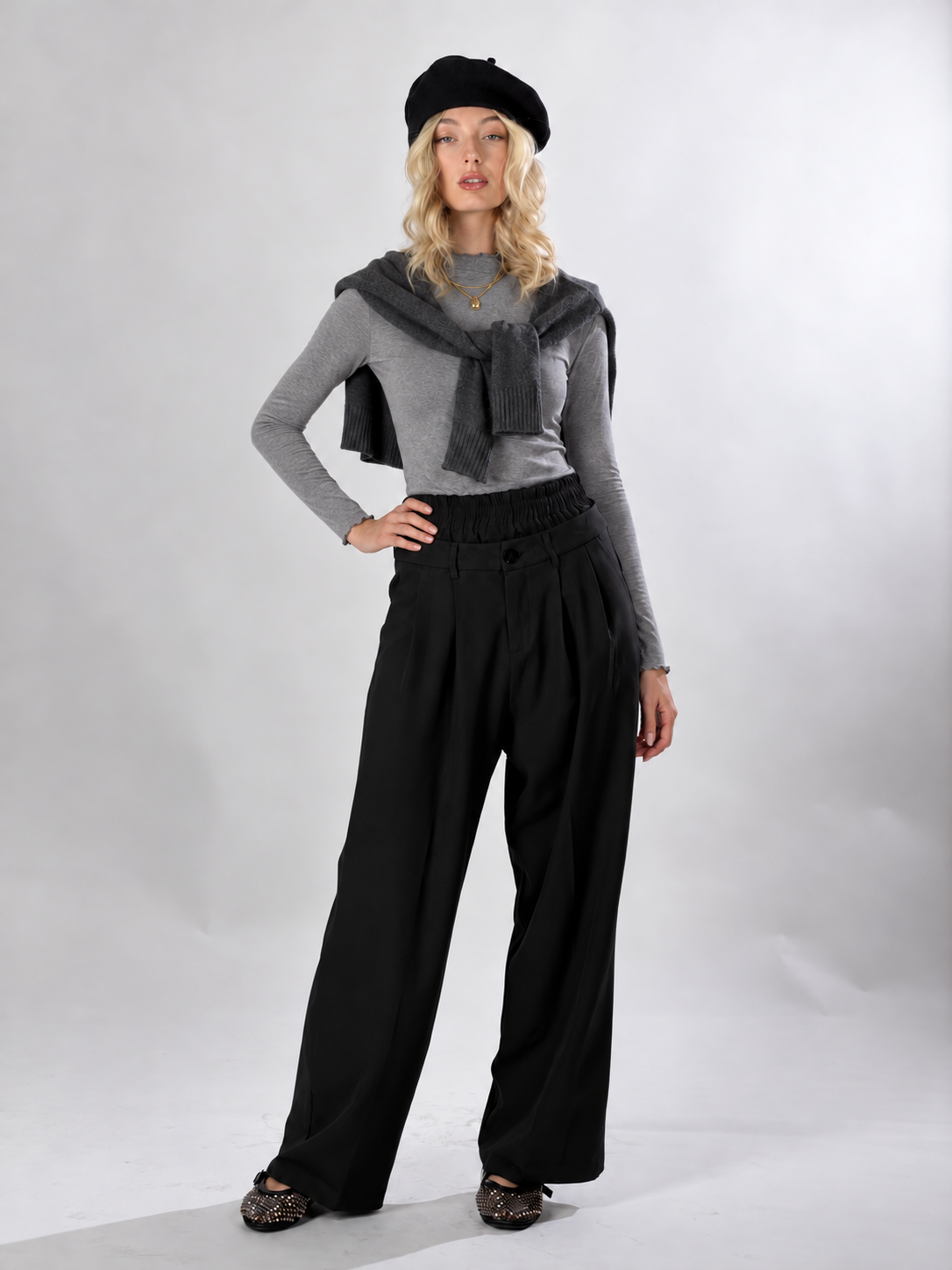 Pantalone relaxed fit doppio bustino|Colore:Nero