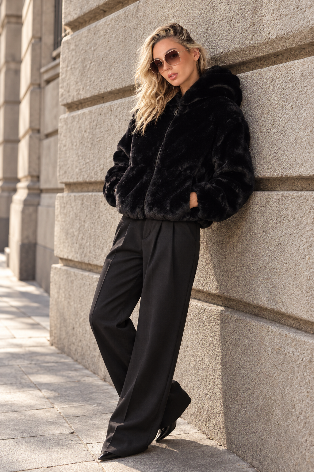 Giacca con cappuccio effetto pelliccia |Colore:Nero