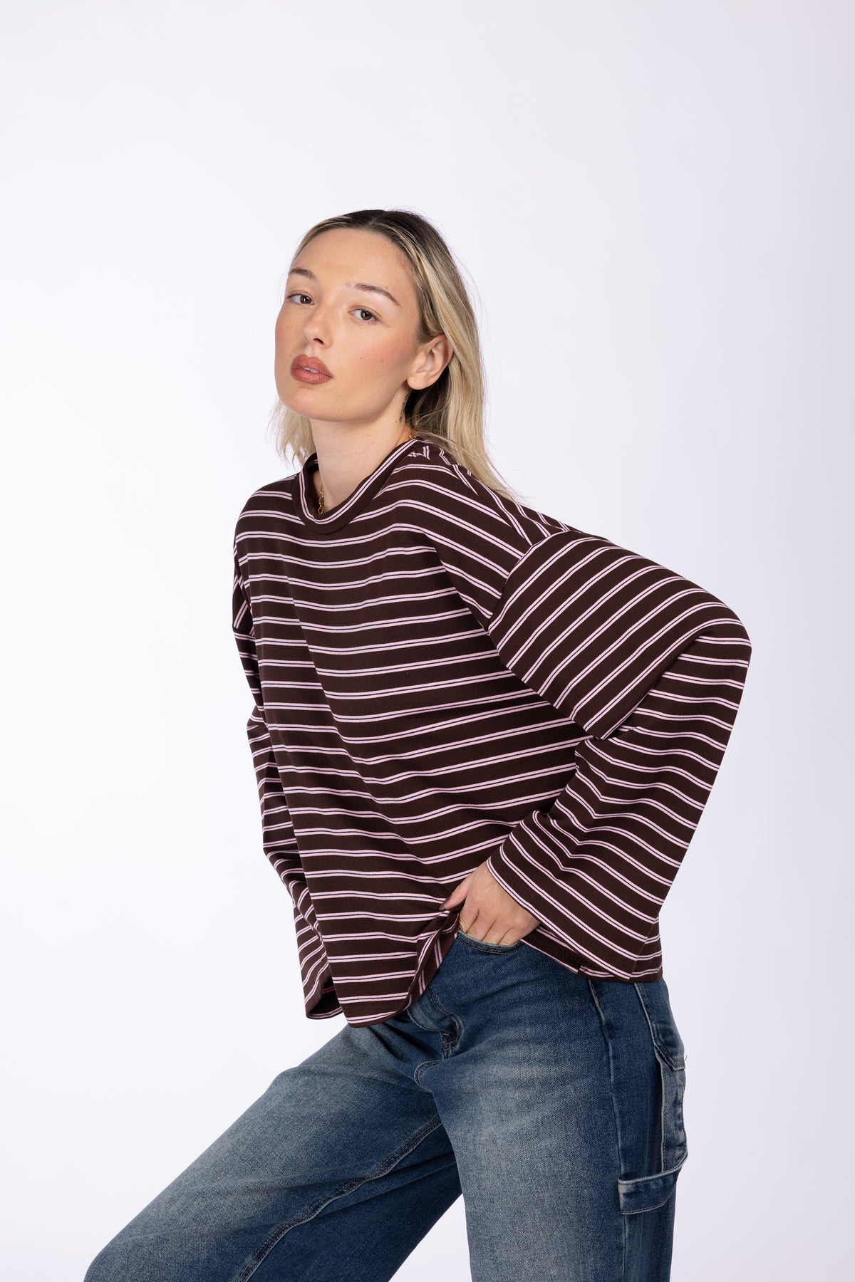 Maglia a righe manche a campana|Colore:Marrone/rosa