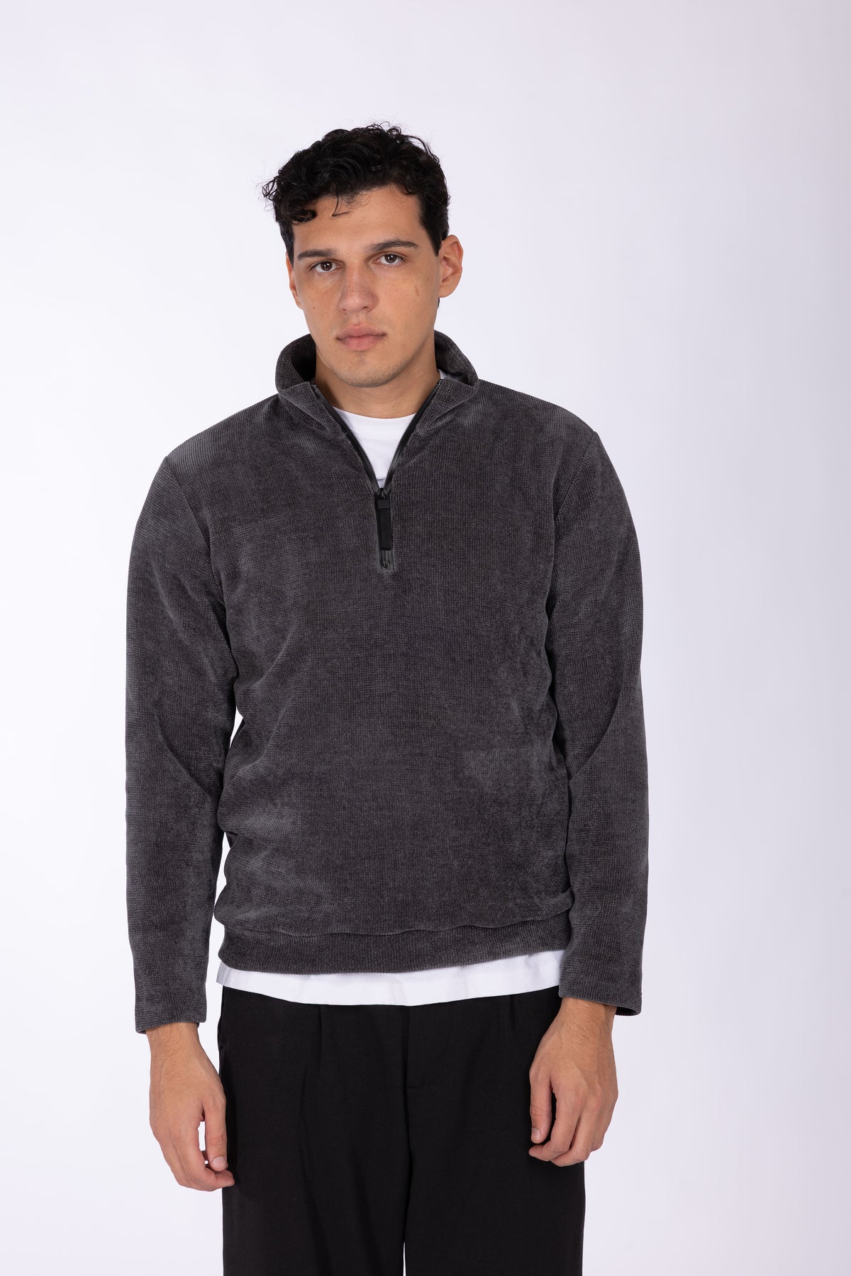 Felpa con zip collo costine larghe|Colore:Grigio scuro