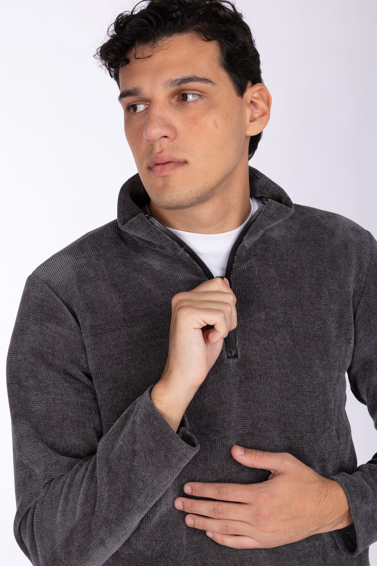 Felpa con zip collo costine larghe|Colore:Grigio scuro