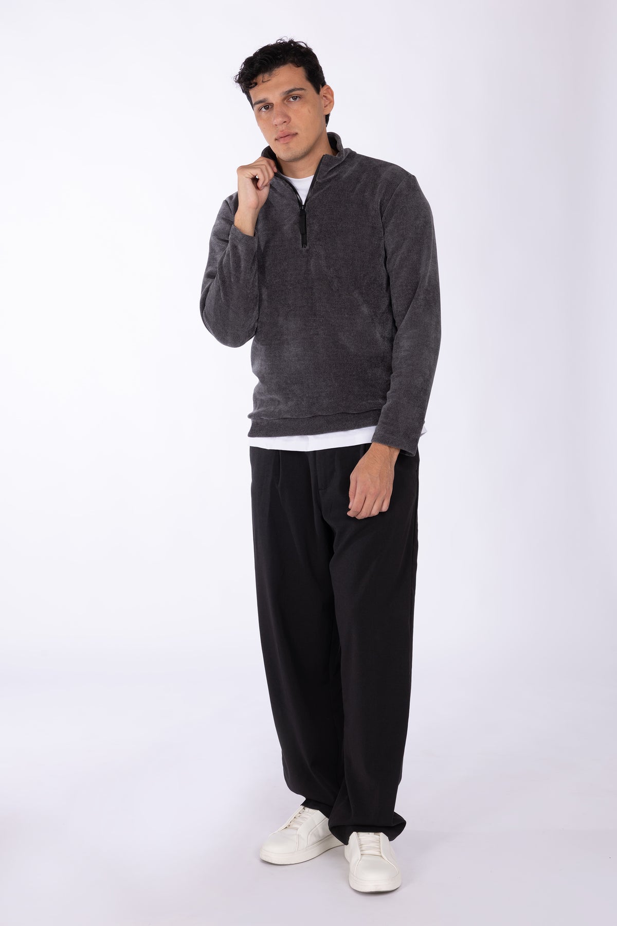 Felpa con zip collo costine larghe|Colore:Grigio scuro