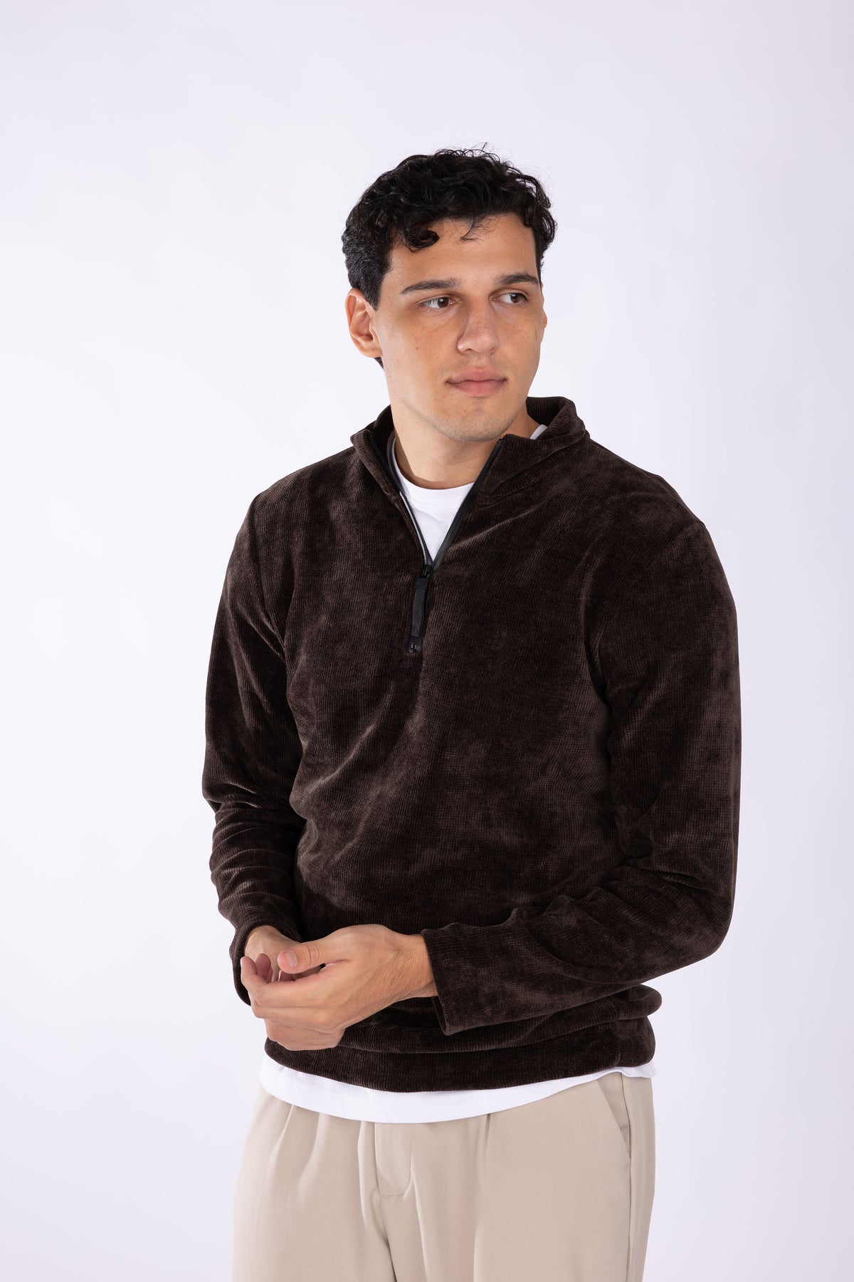 Felpa con zip collo costine larghe|Colore:Marrone