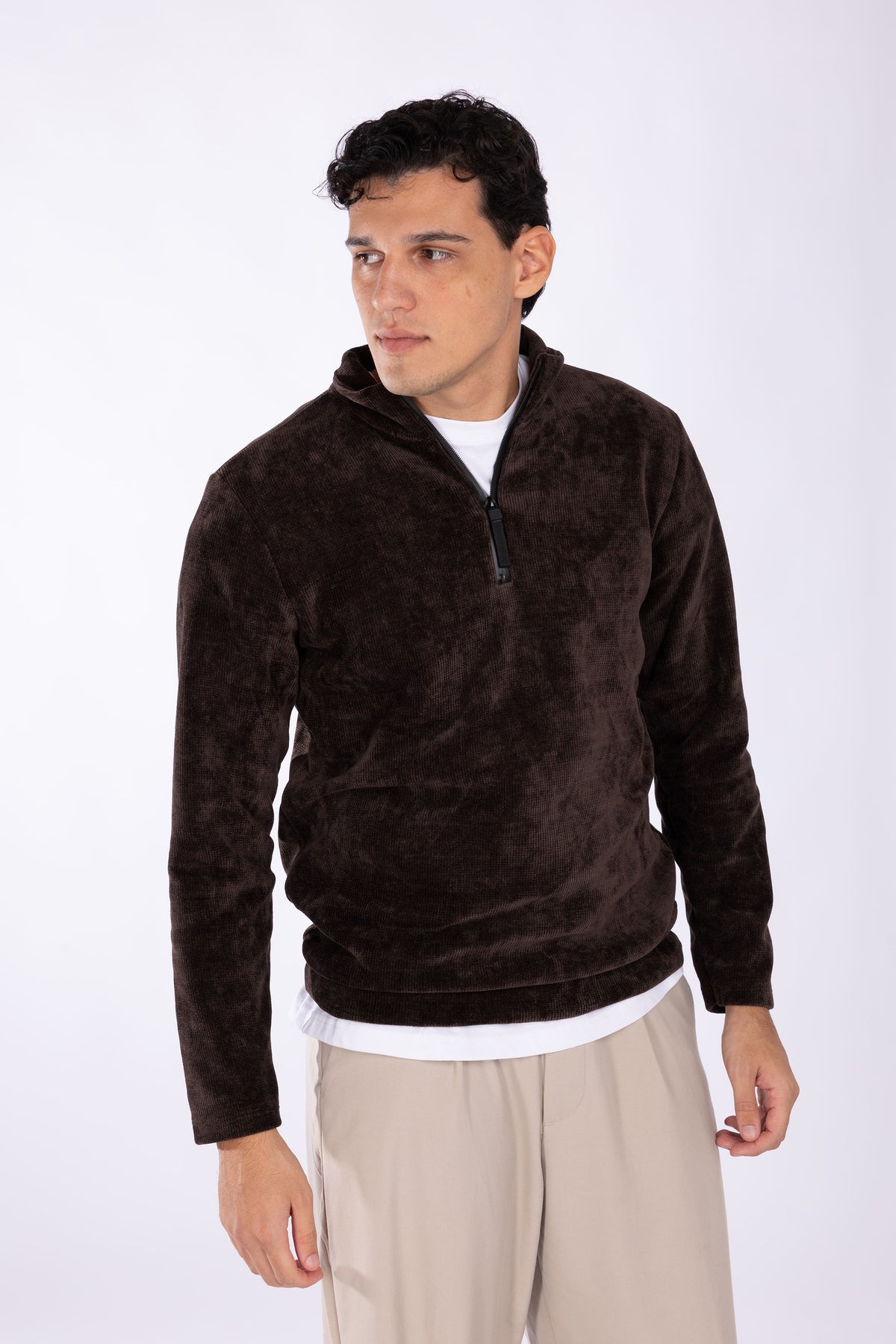 Felpa con zip collo costine larghe|Colore:Marrone