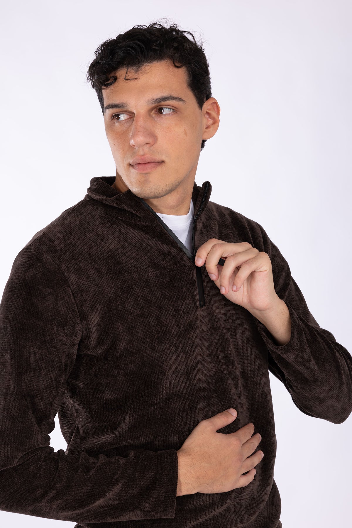Felpa con zip collo costine larghe|Colore:Marrone