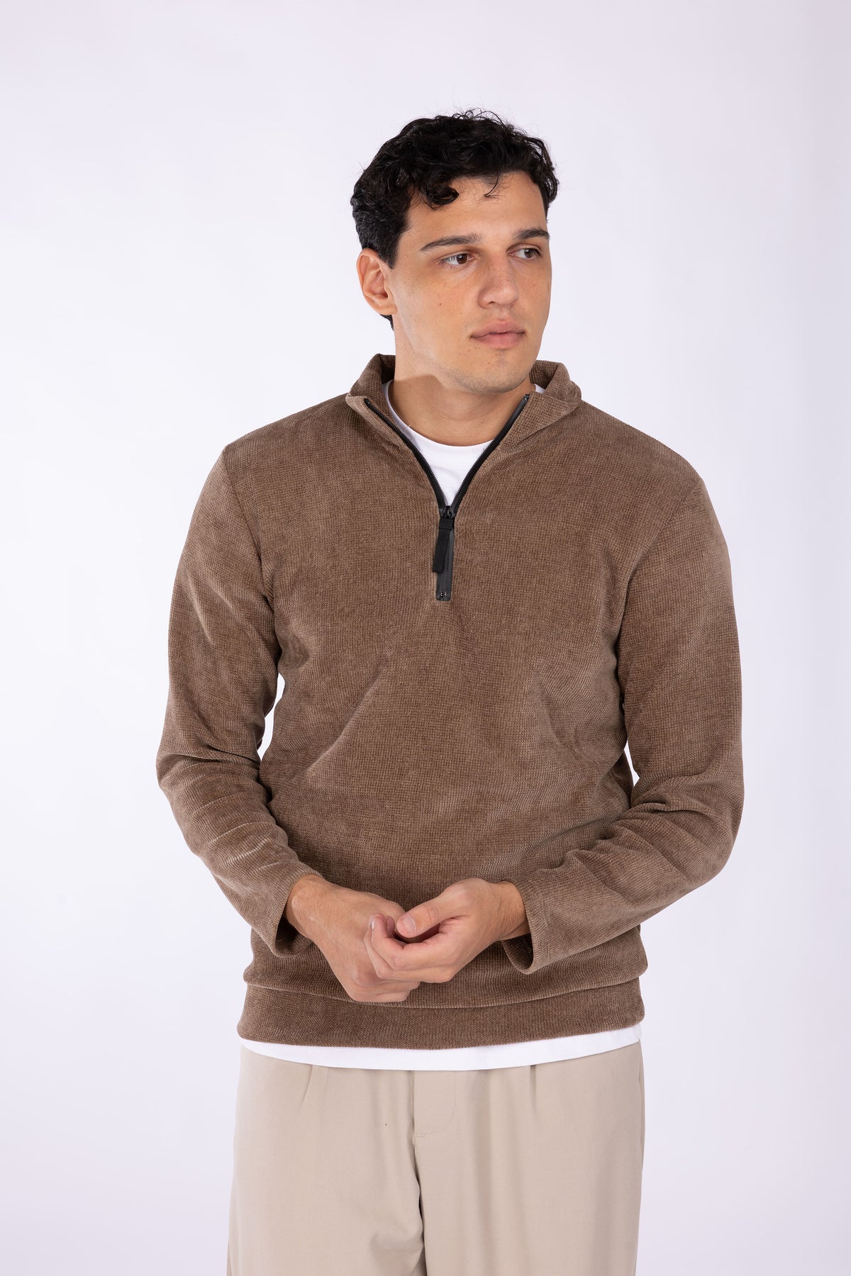 Felpa con zip collo costine larghe|Colore:Fango