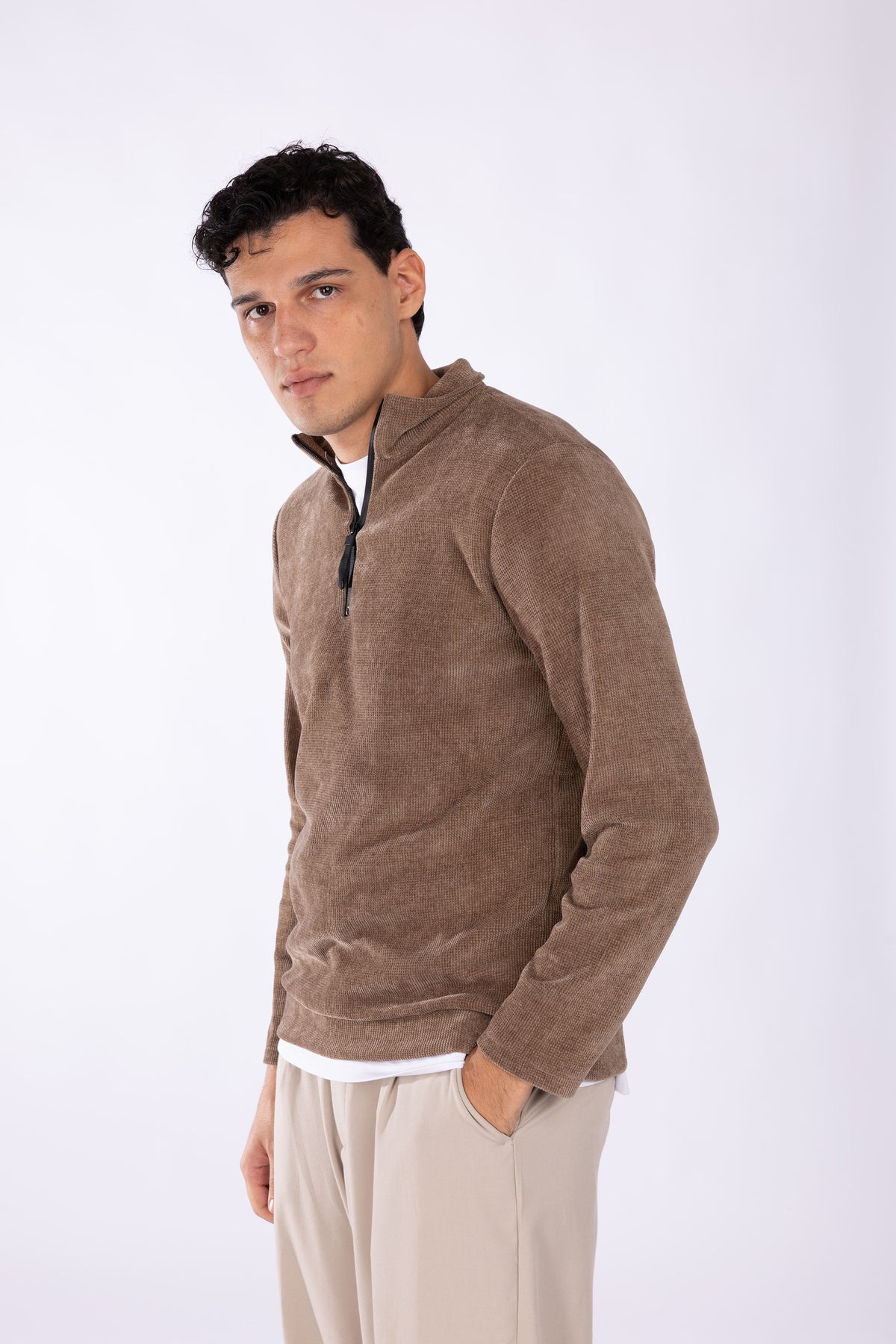 Felpa con zip collo costine larghe|Colore:Fango