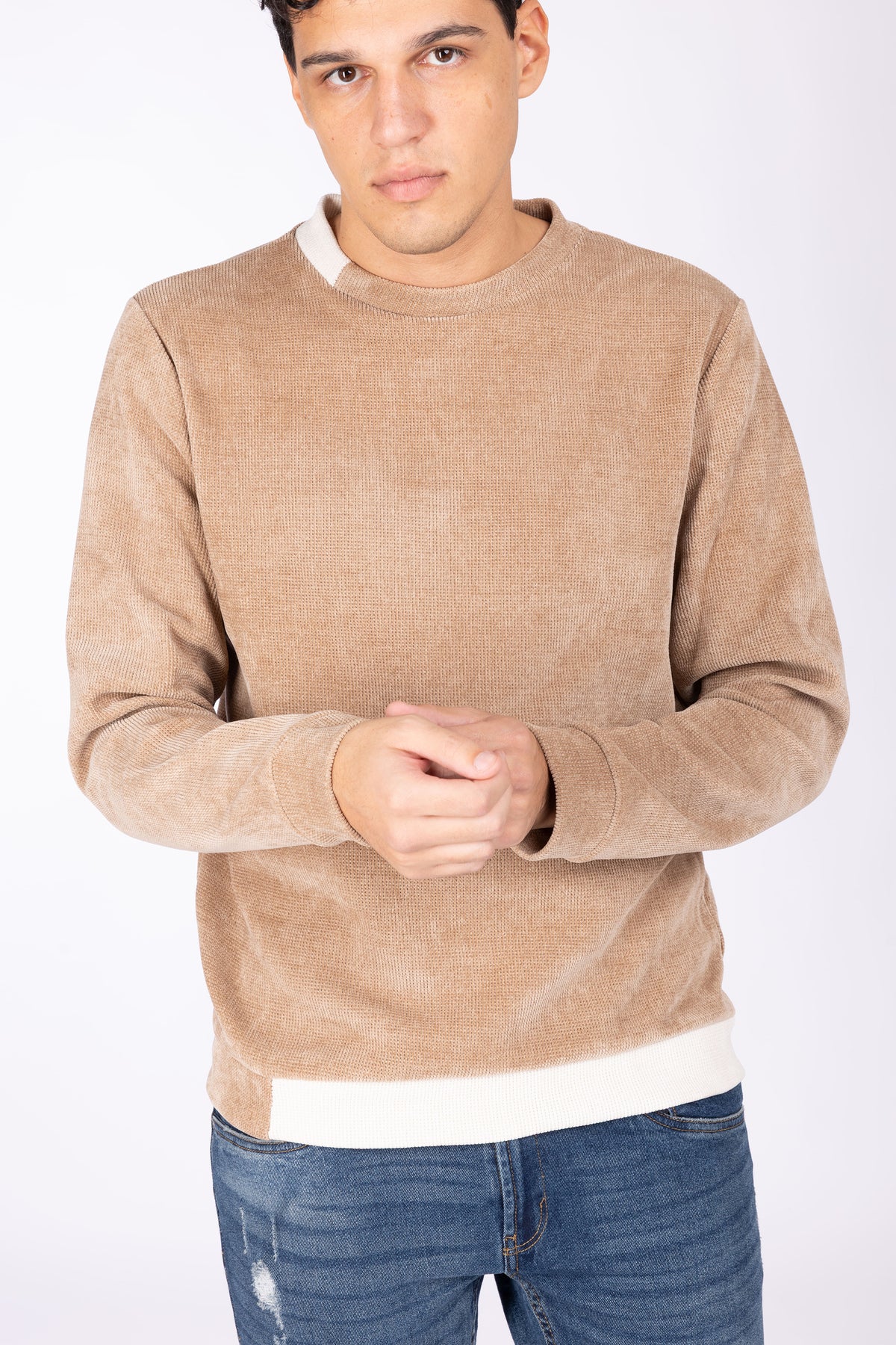 Maglia costine con collo bicolore|Colore:Tortora/panna