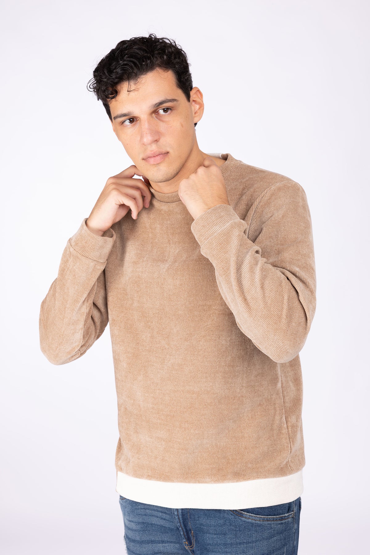 Maglia costine con collo bicolore|Colore:Tortora/panna