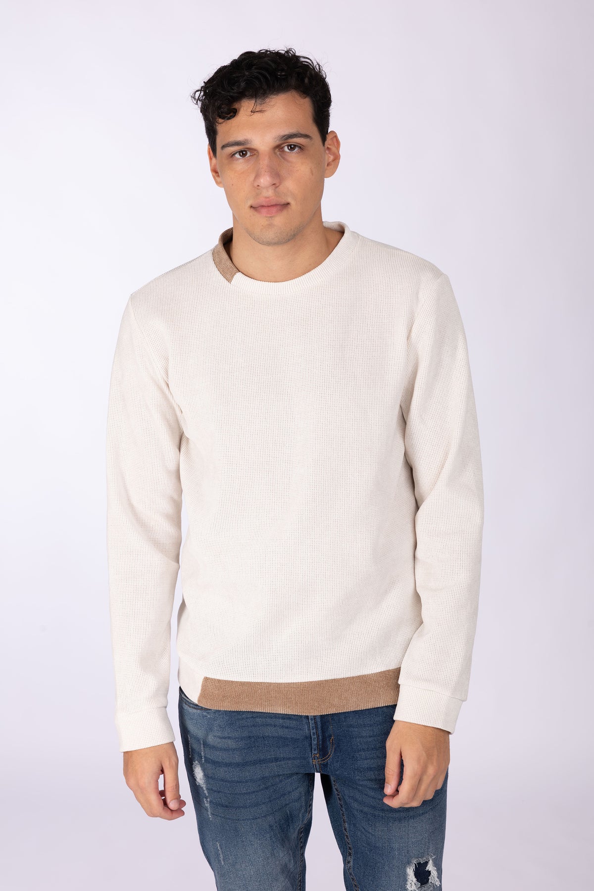 Maglia costine con collo bicolore|Colore:Panna/tortora