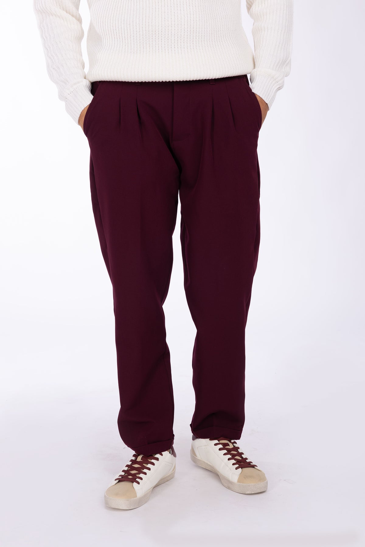 Pantalone con risvolto e pinces|Colore:Bordeaux