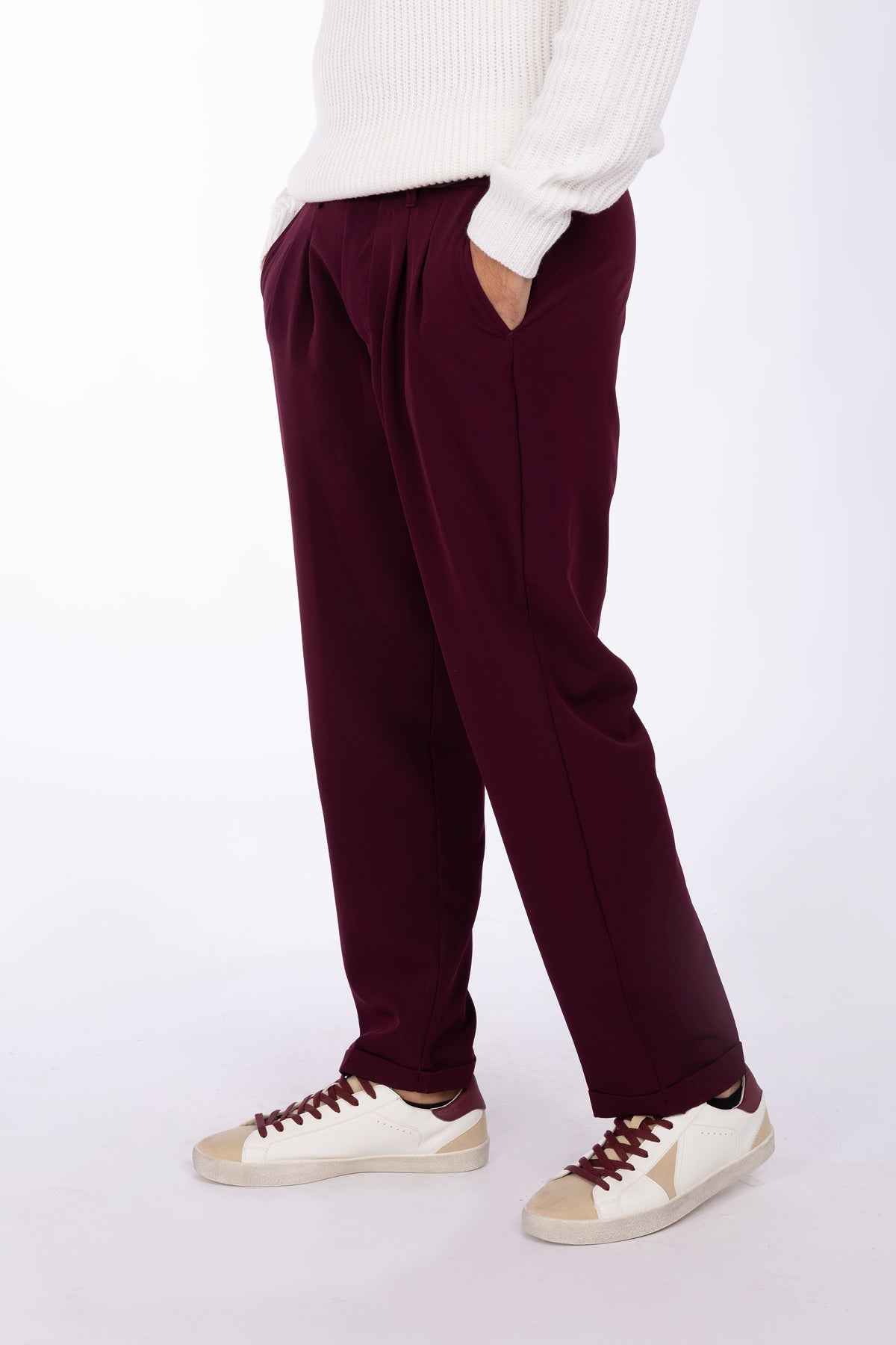 Pantalone con risvolto e pinces|Colore:Bordeaux