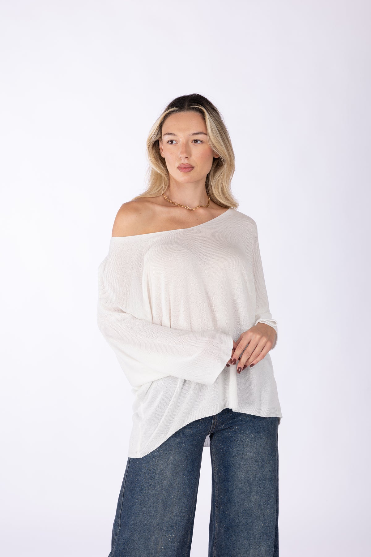 Maglia scollo a V  ampio effetto barchetta|Colore:Panna
