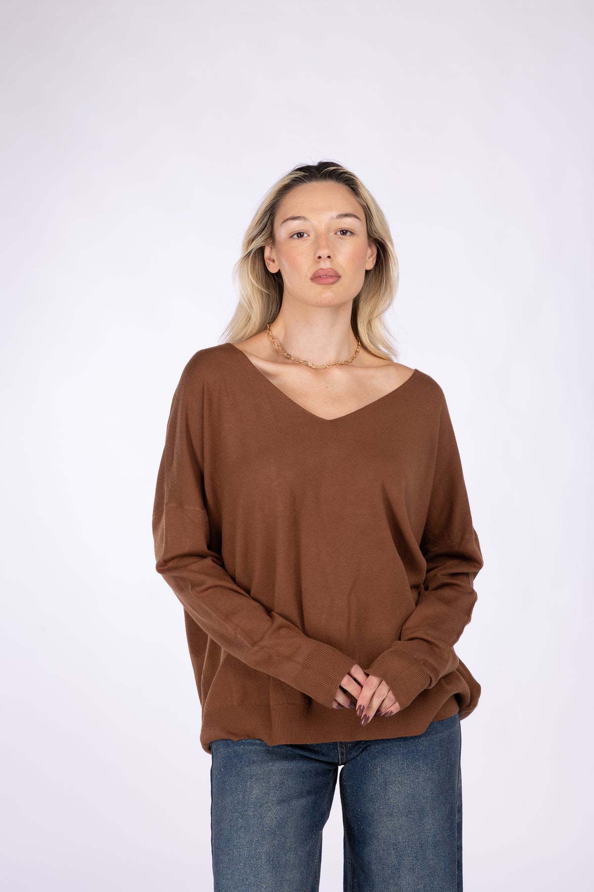 Maglia Fine con Scollo a V e Spalla Calata|Colore:Nocciola