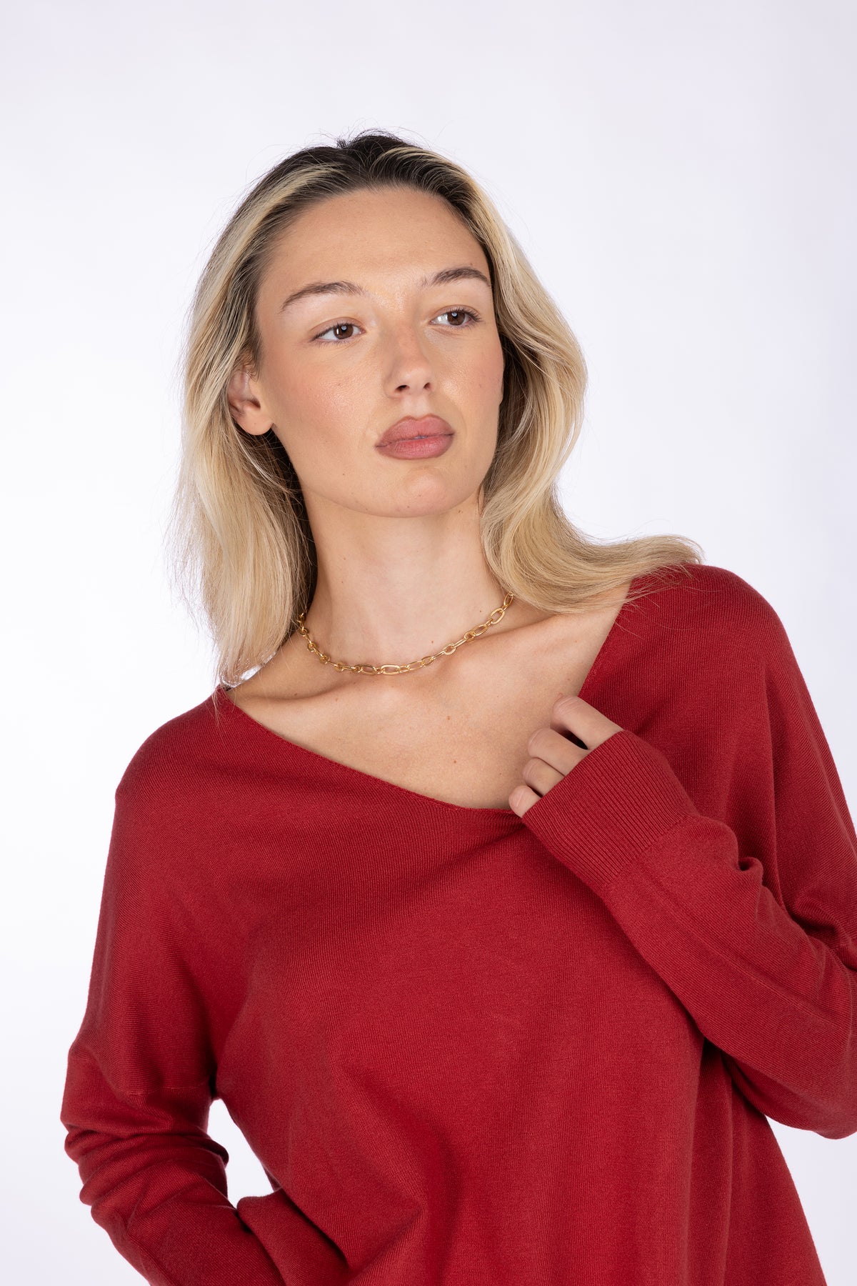 Maglia Fine con Scollo a V e Spalla Calata|Colore:Ruggine