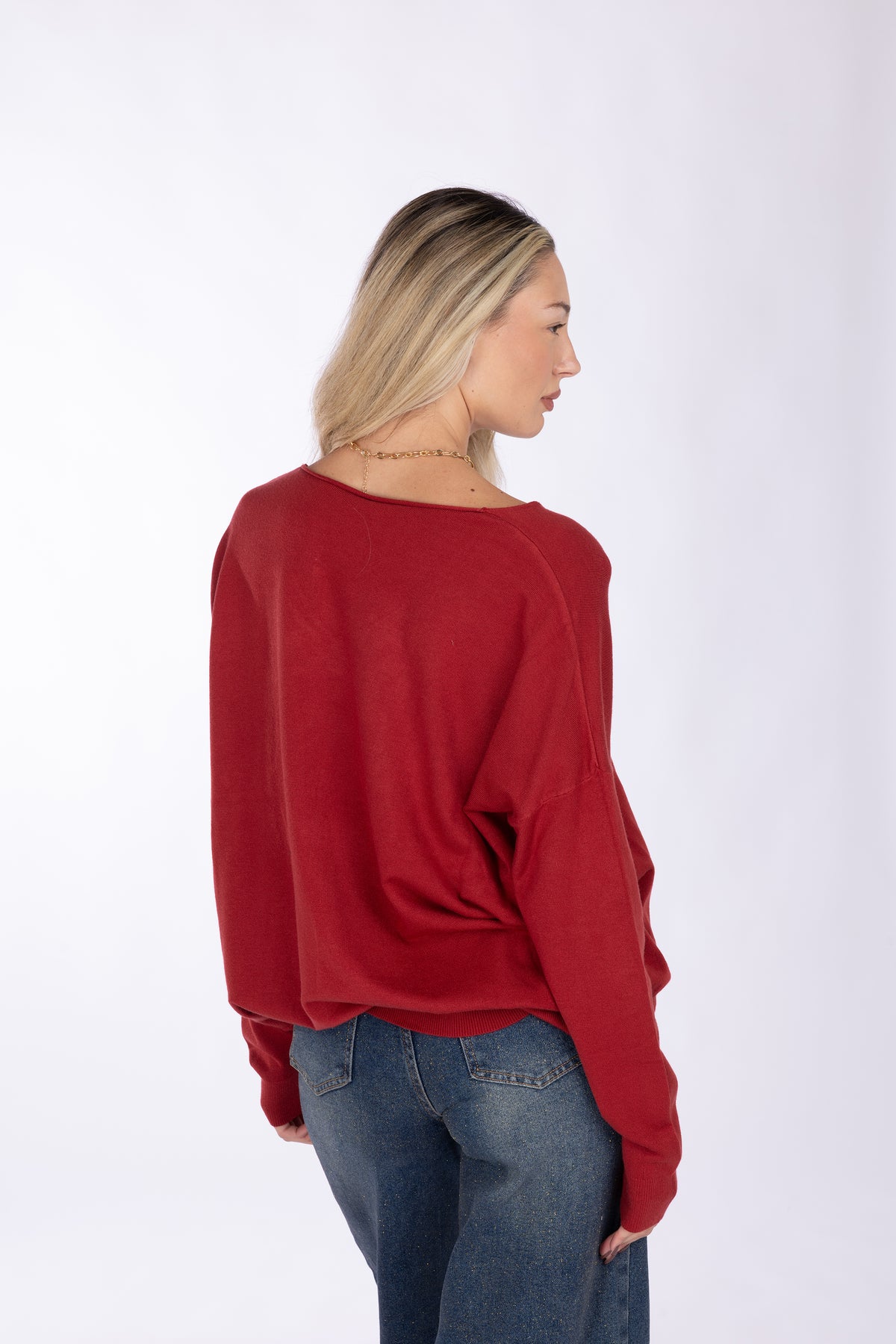Maglia Fine con Scollo a V e Spalla Calata|Colore:Ruggine