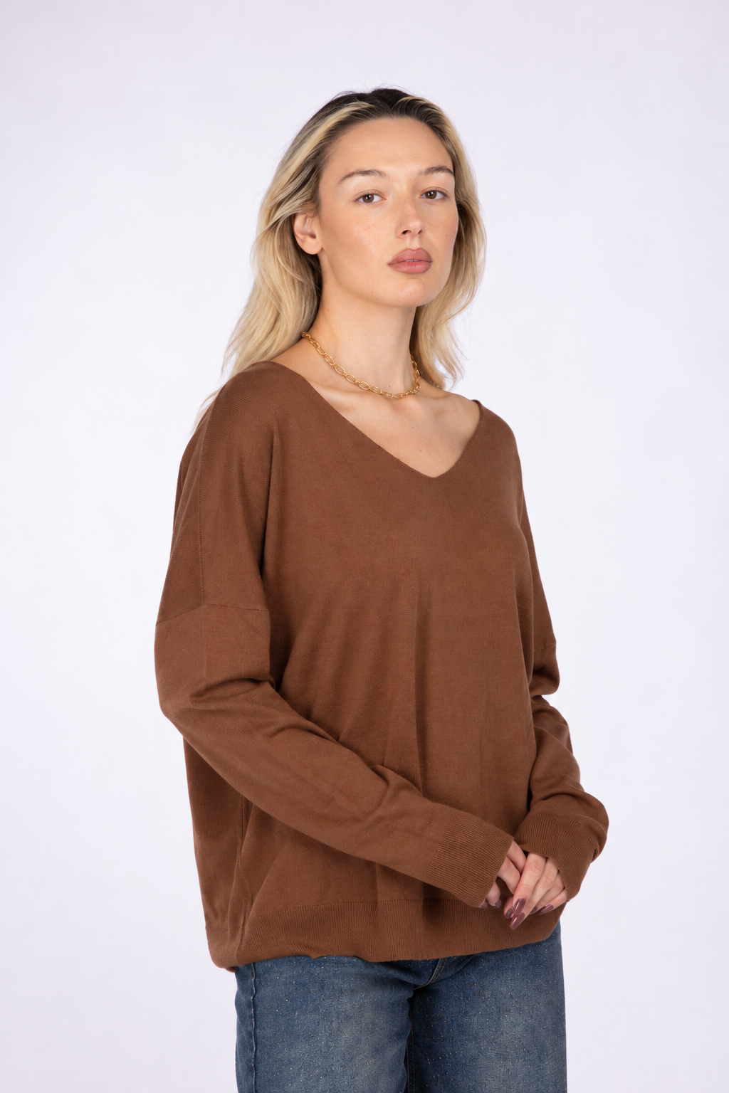 Maglia Fine con Scollo a V e Spalla Calata|Colore:Nocciola