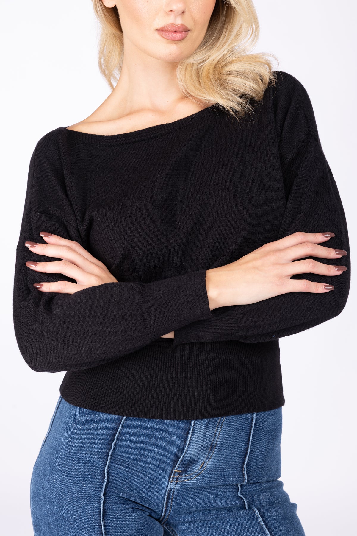 Maglia Cropped scollo barca|Colore:Nero