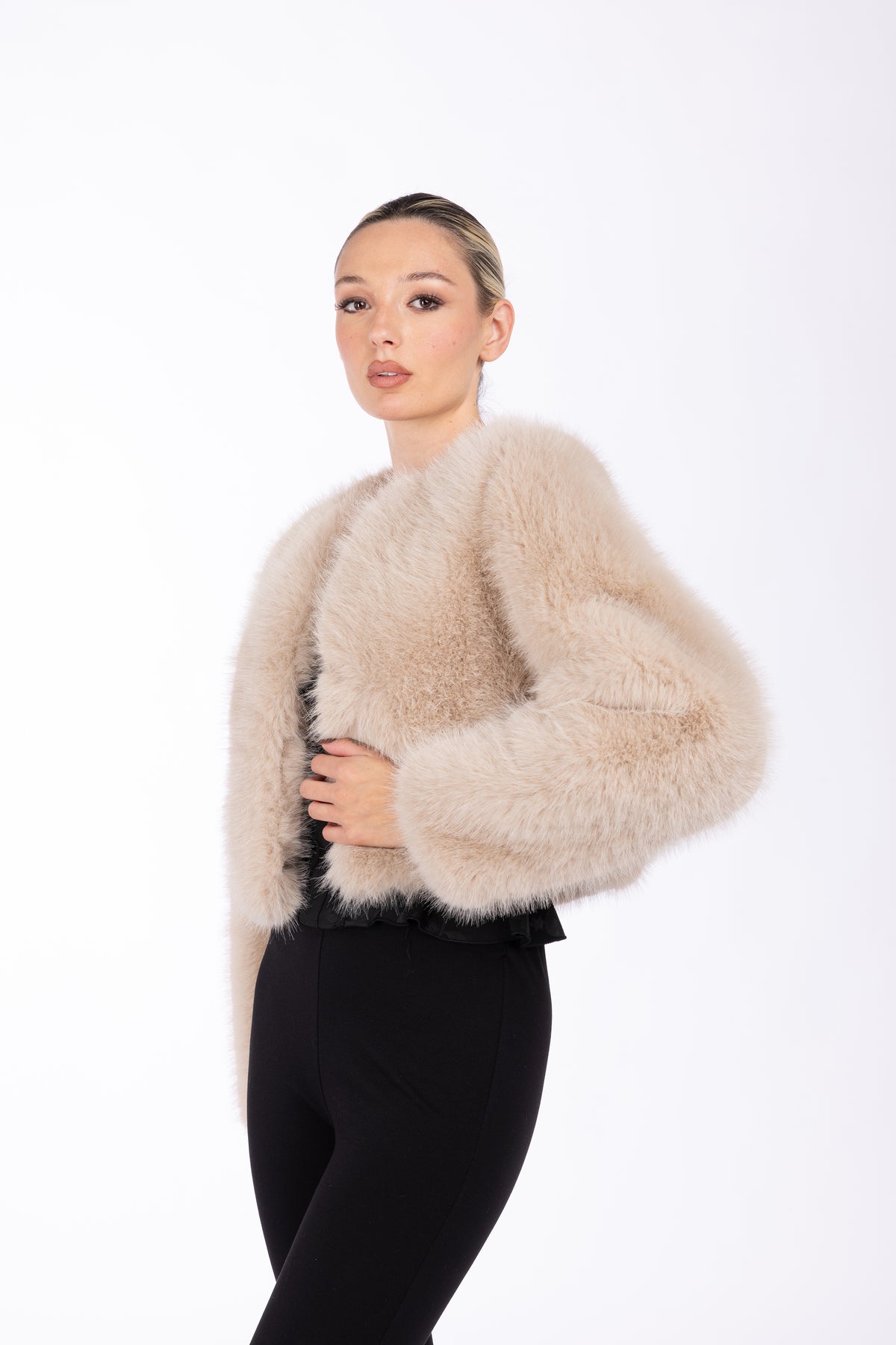 Giacca cropped effetto pelliccia|Colore:Beige melange