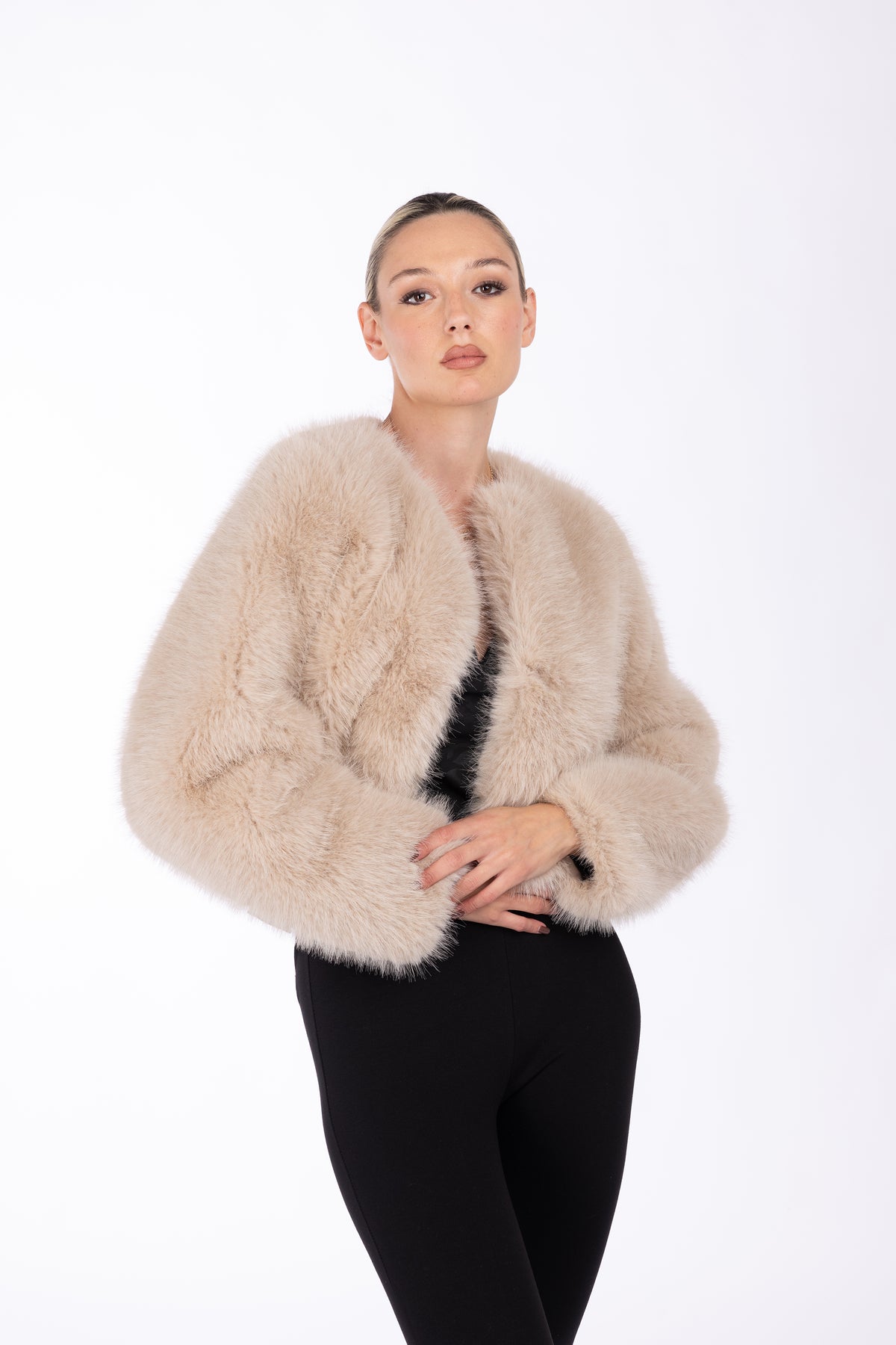 Giacca cropped effetto pelliccia|Colore:Beige melange